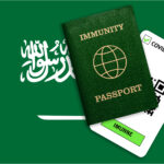 Concept of Immunity passport, certificate for traveling after pandemic for people who have had coronavirus or made vaccine and test result for COVID-19 on flag of Saudi Arabia